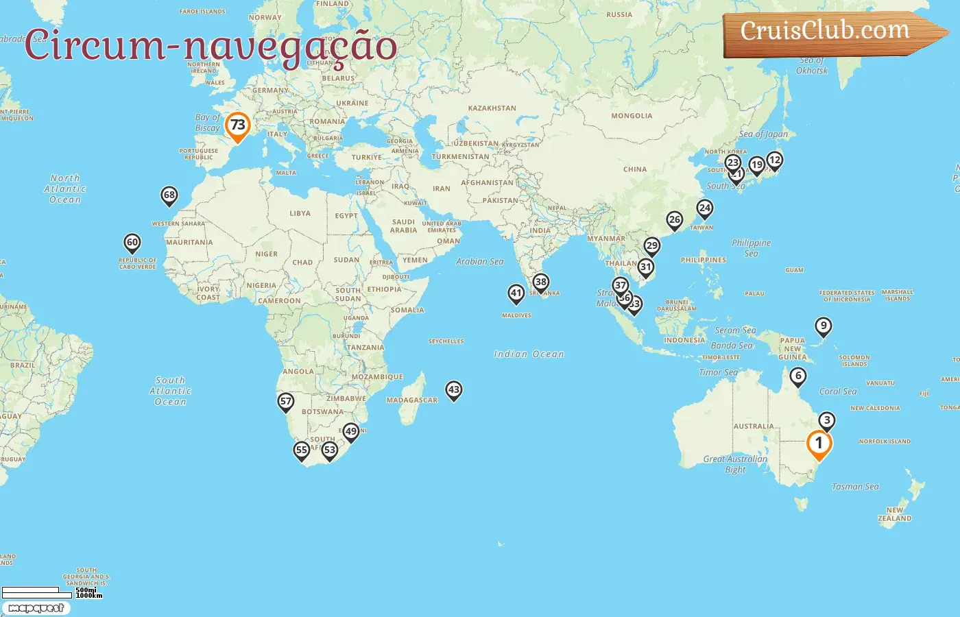 Cruzeiro no mundo de Sydney a Barcelona a bordo do navio Costa Deliziosa com visitas à Austrália, Papua Nova Guiné, Japão, Coreia do Sul, Taiwan, Hong Kong, Vietnã, Cingapura, Malásia, Sri Lanka, Maldivas, Maurícia, África do Sul, Namíbia e Espanha por 73 dias