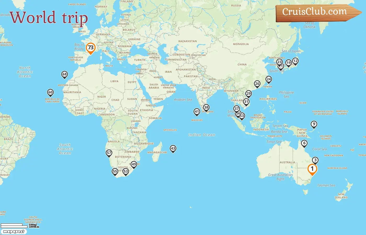 Cruise in the World trip from Sydney to Barcelona aboard Costa Deliziosa ship with visits to Australia, Papua New Guinea, Japan, South Korea, Taiwan, Hong Kong, Viet Nam, Singapore, Malaysia, Sri Lanka, Maldives, Mauritius, South Africa, Namibia, and Spain for 73 days