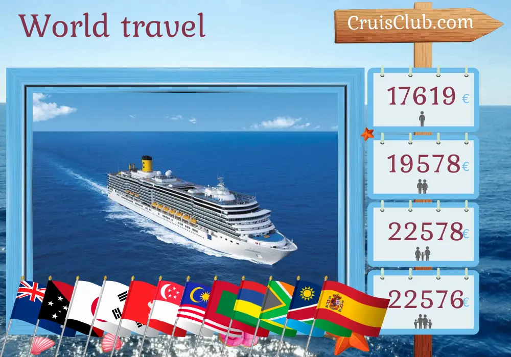 Kreuzfahrt in die Weltreise von Sydney nach Barcelona an Bord des Schiffes Costa Deliziosa mit Besuchen in Australien, Papua-Neuguinea, Japan, Südkorea, Taiwan, Hongkong, Vietnam, Singapur, Malaysia, Sri Lanka, Malediven, Mauritius, Südafrika, Namibia und Spanien für 73 Tage