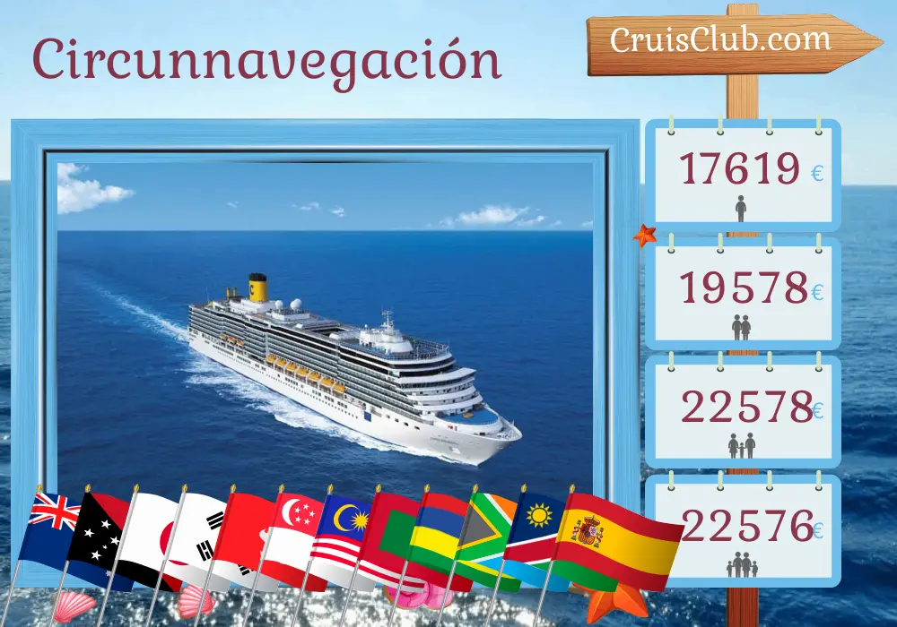 Crucero en el viaje por el mundo desde Sídney a Barcelona a bordo del barco Costa Deliziosa con visitas a Australia, Papúa Nueva Guinea, Japón, Corea del Sur, Taiwán, Hong Kong, Vietnam, Singapur, Malasia, Sri Lanka, Maldivas, Mauricio, Sudáfrica, Namibia y España durante 73 días