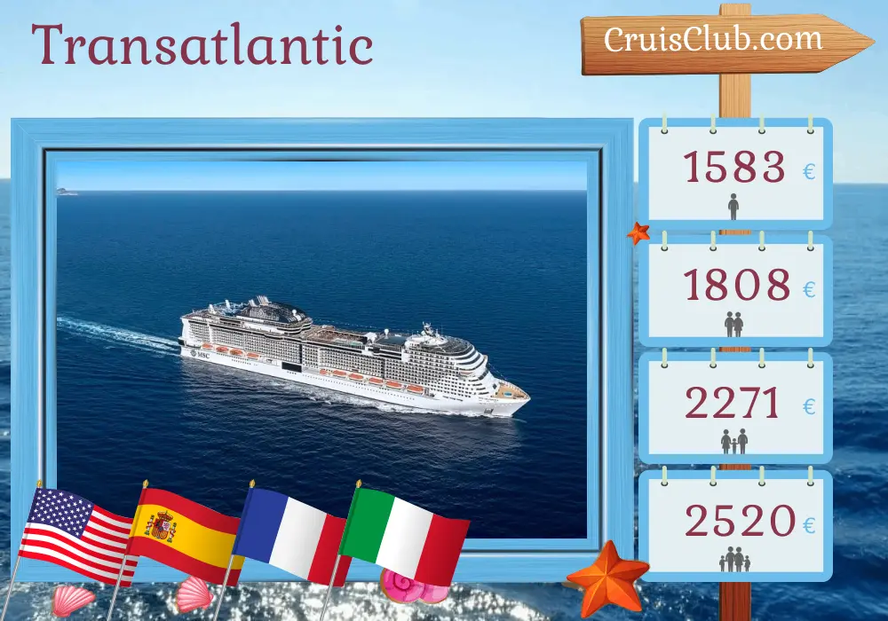 Cruise in the Transatlantic from Miami to Genoa aboard MSC Grandiosa ship with visits to USA, Spain, France, and Italy for 16 days