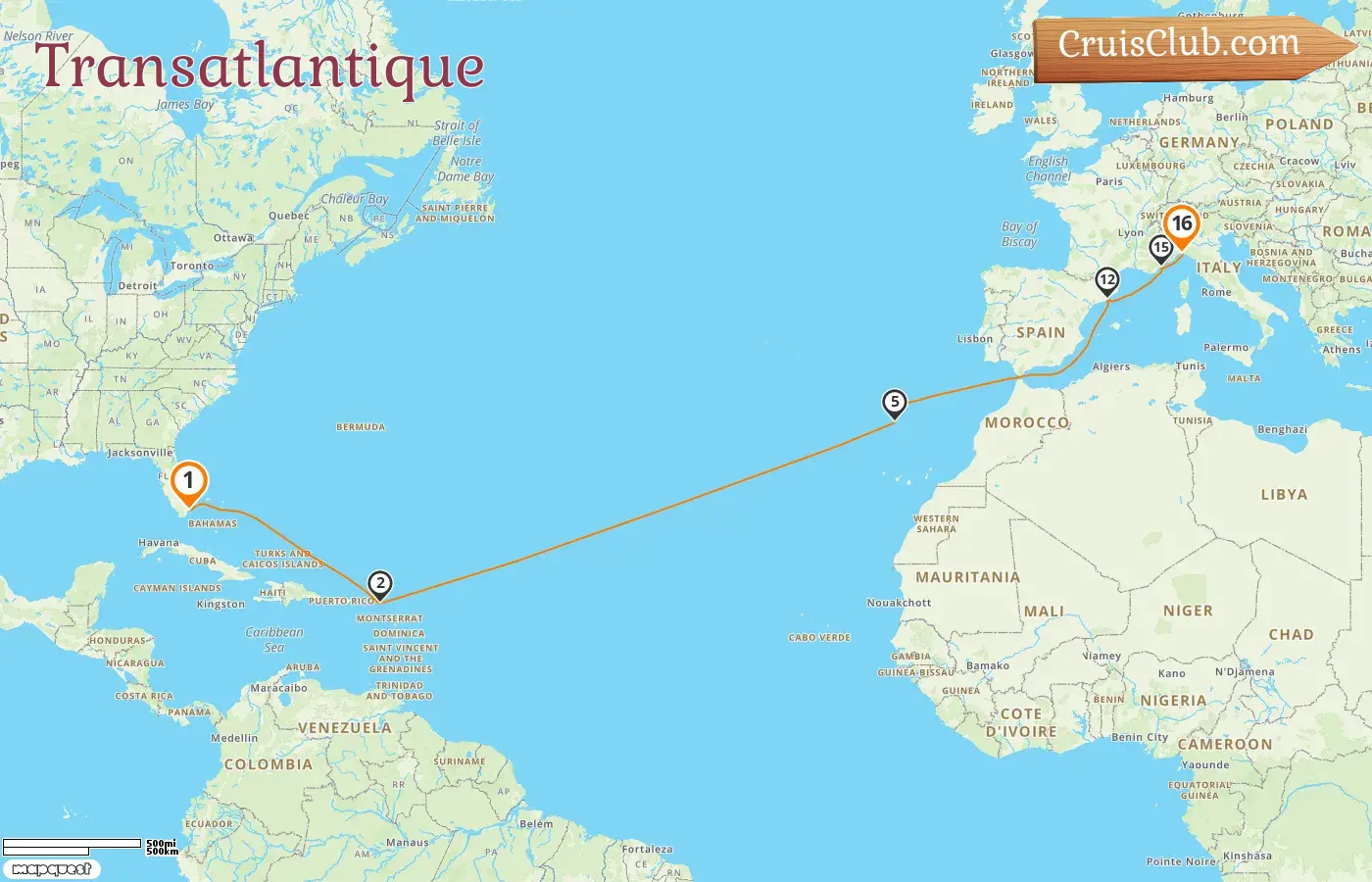 Croisière Transatlantique de Miami à Gênes à bord du navire MSC Grandiosa avec des escales aux États-Unis, en Espagne, en France et en Italie pendant 16 jours