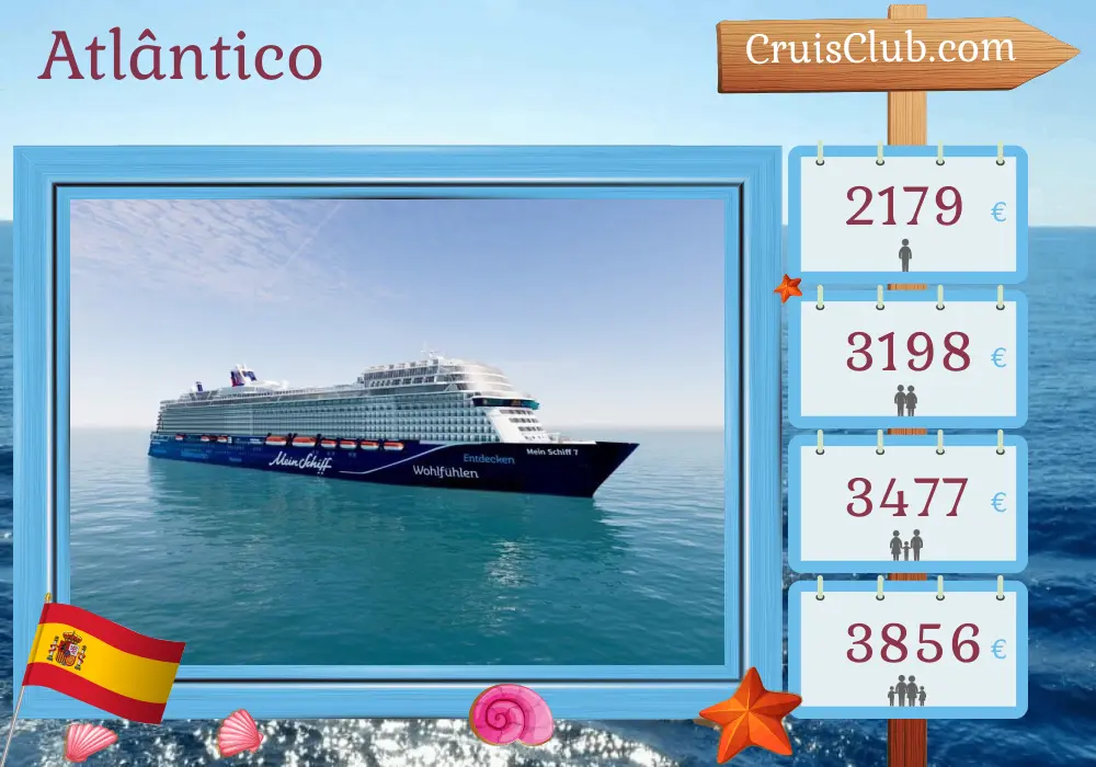 Cruzeiro no Atlântico de Las Palmas a bordo do navio Mein Schiff 7 com visitas à Espanha por 15 dias
