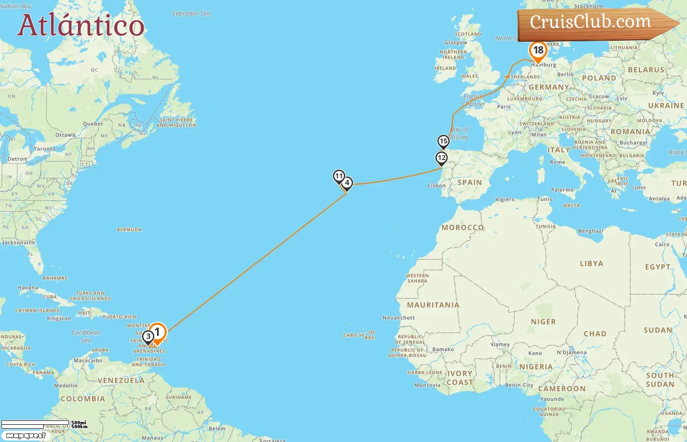 Crucero por el Atlántico desde Bridgetown a Bremerhaven a bordo del barco Mein Schiff 2 con visitas a Barbados, San Vicente y las Granadinas, Portugal y Alemania durante 18 días