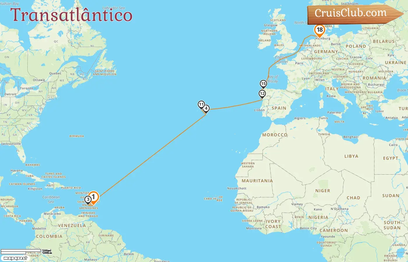 Cruzeiro Transatlântico de Bridgetown a Bremerhaven a bordo do navio Mein Schiff 2 com visitas a Barbados, São Vicente e Granadinas, Portugal e Alemanha por 18 dias
