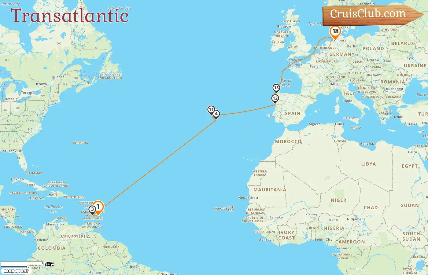 Cruise in the Transatlantic from Bridgetown to Bremerhaven aboard Mein Schiff 2 ship with visits to Barbados, Saint Vincent and the Grenadines, Portugal, and Germany for 18 days