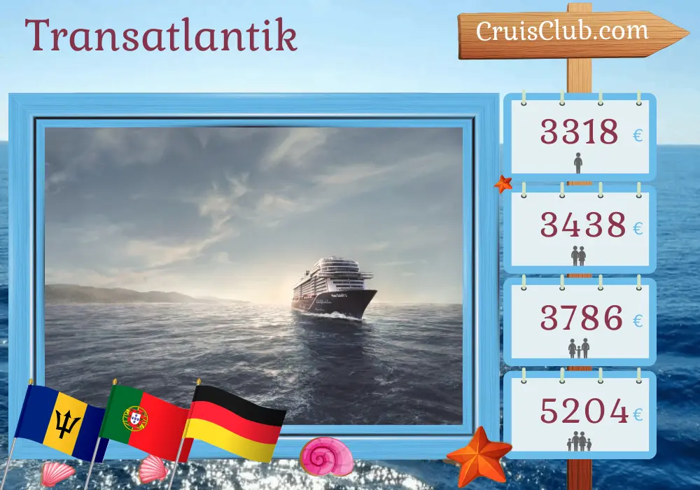Kreuzfahrt im Transatlantik von Bridgetown nach Bremerhaven an Bord des Schiffes Mein Schiff 2 mit Stopps auf Barbados, St. Vincent und die Grenadinen, Portugal und Deutschland für 18 Tage