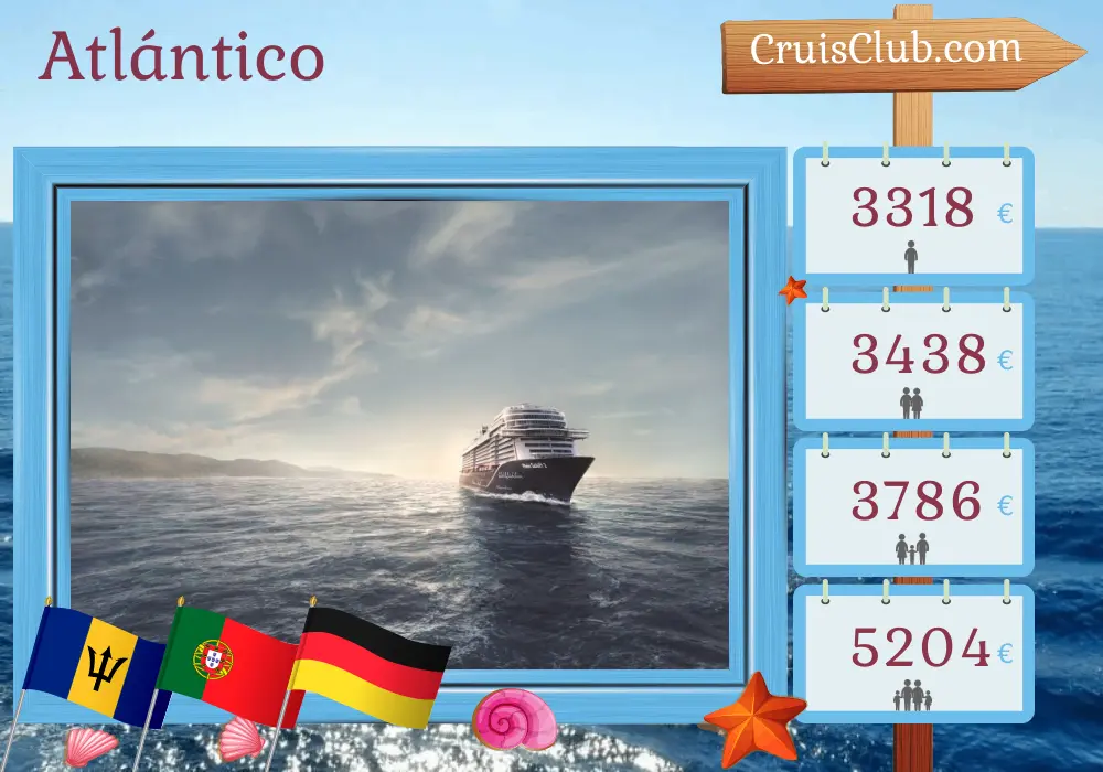 Crucero por el Atlántico desde Bridgetown a Bremerhaven a bordo del barco Mein Schiff 2 con visitas a Barbados, San Vicente y las Granadinas, Portugal y Alemania durante 18 días