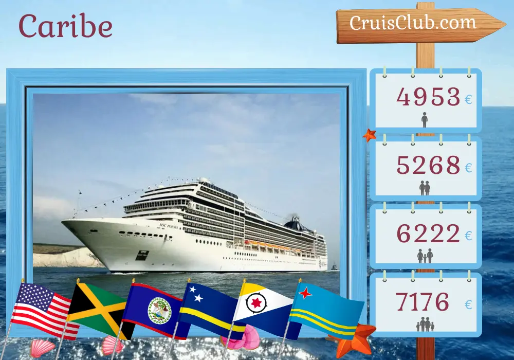 Cruzeiro no Caribe a partir de Miami a bordo do navio MSC Poesia com visitas aos EUA, Jamaica, Colômbia, Panamá, Costa Rica, Honduras, Belize, Curaçao, Aruba e República Dominicana por 22 dias