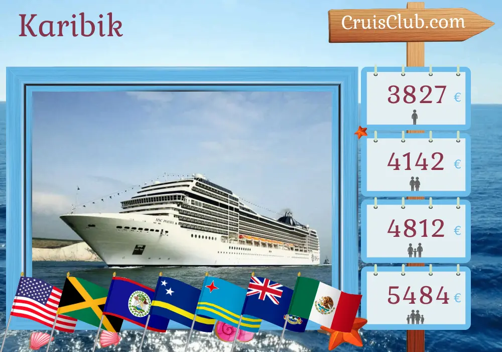 Kreuzfahrt in der Karibik ab Miami an Bord des MSC Poesia-Schiffs mit Stopps in den USA, Jamaika, Kolumbien, Panama, Costa Rica, Honduras, Belize, Curaçao, Aruba, den Kaimaninseln und Mexiko für 22 Tage