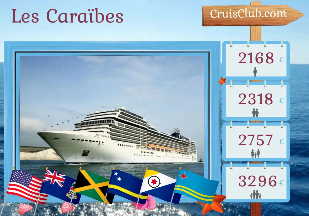 Croisière dans les Caraïbes au départ de Miami à bord du navire MSC Poesia avec des escales aux États-Unis, aux Îles Caïmans, en Jamaïque, à Curaçao et à Aruba pendant 11 jours