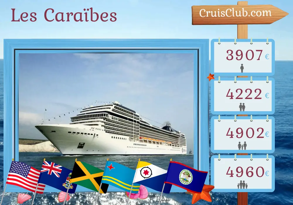 Croisière dans les Caraïbes au départ de Miami à bord du MSC Poesia avec escales aux États-Unis, Îles Caïmans, Jamaïque, Aruba, République dominicaine, Colombie, Panama, Costa Rica, Honduras et Belize pendant 22 jours