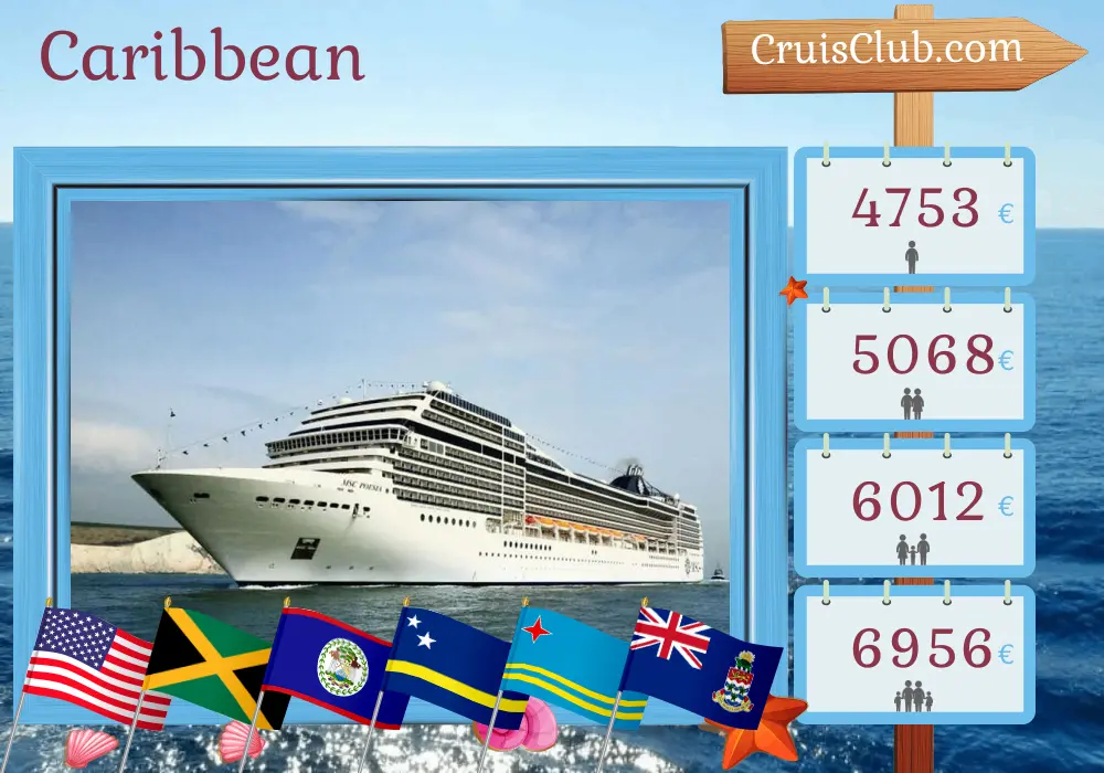 Cruise in the Caribbean from Miami aboard MSC Poesia ship with visits to USA, Jamaica, Colombia, Panama, Costa Rica, Honduras, Belize, Curaçao, Aruba, Dominican Republic, and Cayman Islands for 22 days