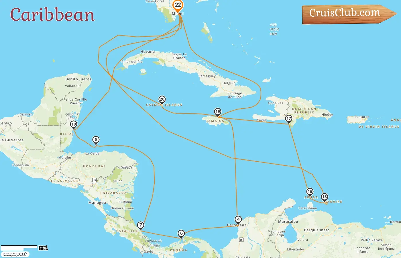 Cruise in the Caribbean from Miami aboard MSC Poesia ship with visits to USA, Jamaica, Colombia, Panama, Costa Rica, Honduras, Belize, Curaçao, Aruba, Dominican Republic, and Cayman Islands for 22 days