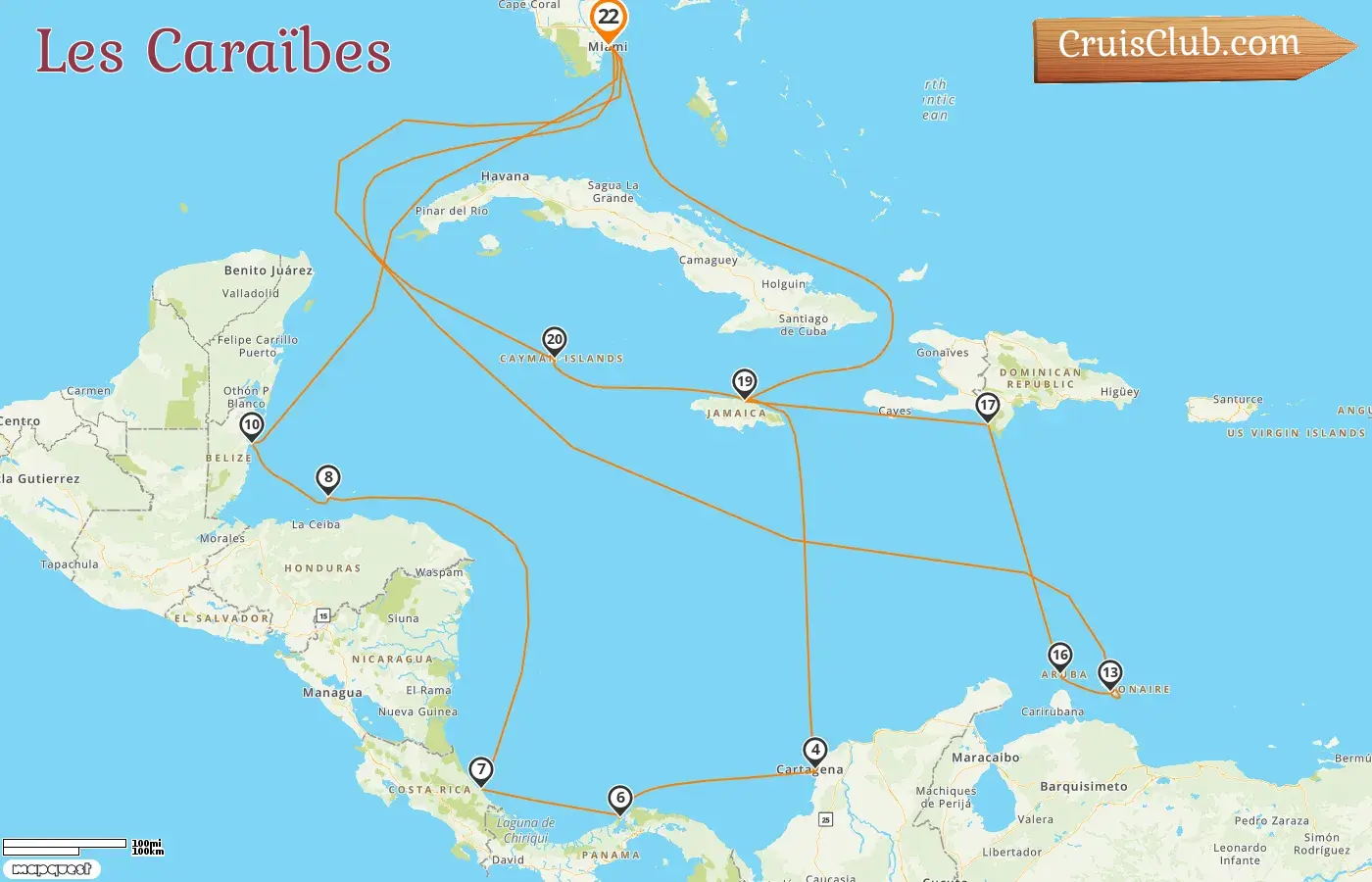 Croisière dans les Caraïbes au départ de Miami à bord du navire MSC Poesia avec escales aux États-Unis, en Jamaïque, en Colombie, au Panama, au Costa Rica, au Honduras, au Belize, à Curaçao, à Aruba, en République dominicaine et aux îles Caïmans pendant 22 jours