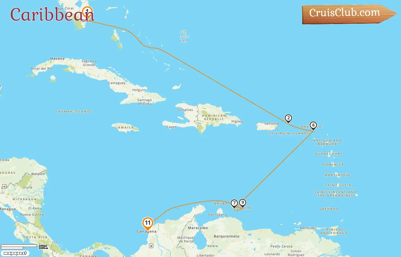 Cruise in the Caribbean from Miami to Cartagena aboard Silver Shadow ship with visits to USA, British Virgin Islands, Saint Barthélemy, Curaçao, and Colombia for 11 days
