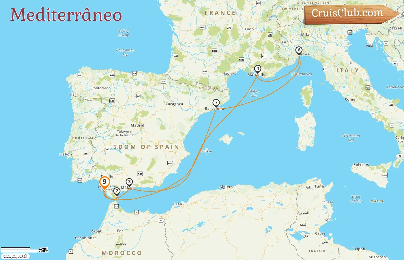 Cruzeiro no Mediterrâneo saindo de Cádiz a bordo do navio Costa Diadema com visitas à Espanha, Gibraltar, França e Itália por 9 dias