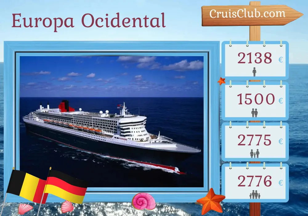 Cruzeiro no Oeste da Europa a partir de Southampton a bordo do navio Queen Mary 2 com visitas à Bélgica e Alemanha por 6 dias