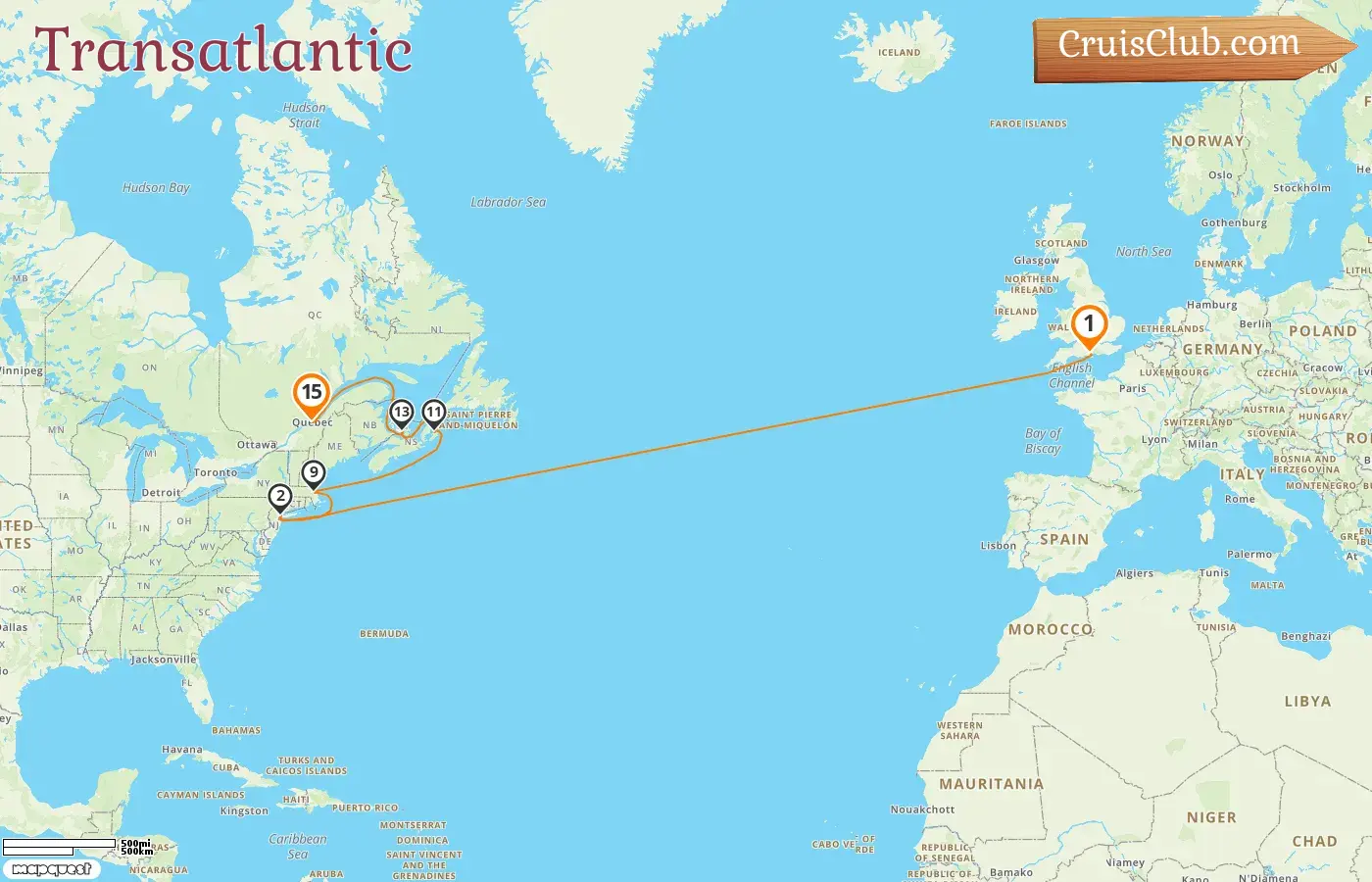 Cruise in the Transatlantic from Southampton to Quebec aboard Queen Mary 2 ship with visits to USA and Canada for 15 days