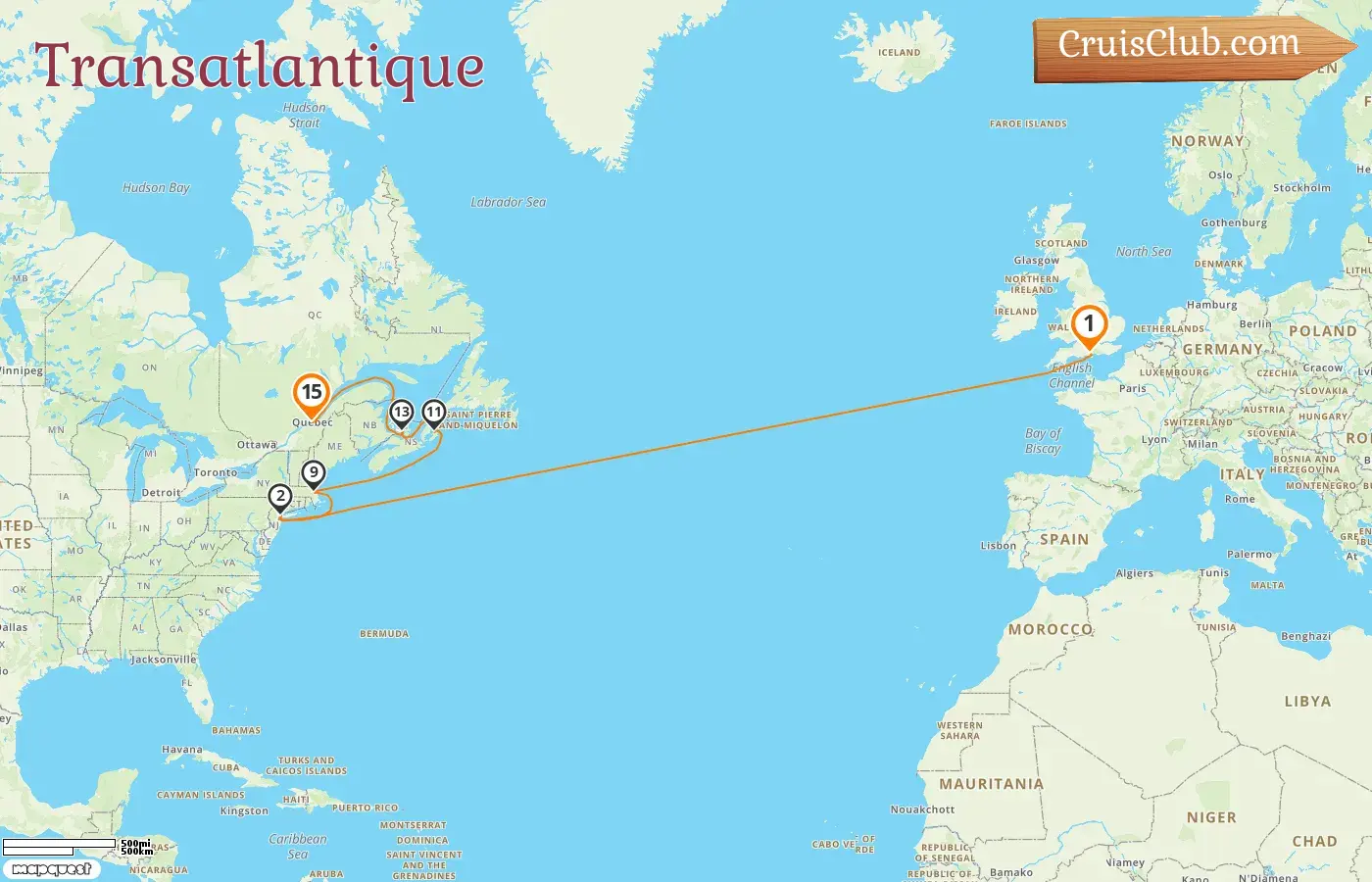 Croisière transatlantique de Southampton à Québec à bord du navire Queen Mary 2 avec des visites aux États-Unis et au Canada pendant 15 jours