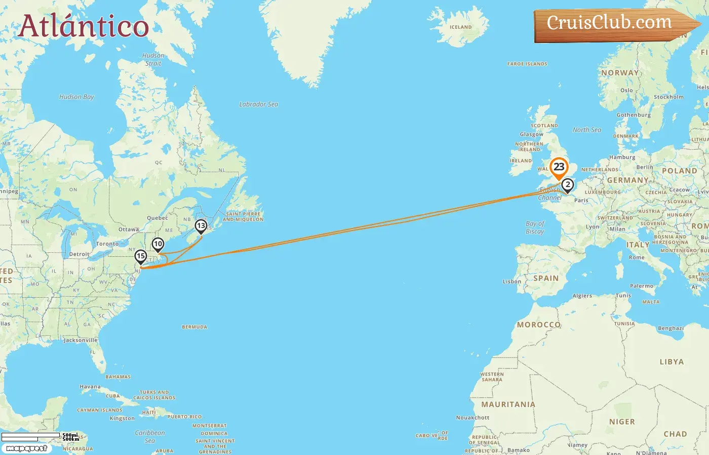 Crucero en el Transatlántico desde Southampton a bordo del barco Queen Mary 2 con visitas a Francia, EE. UU. y Canadá durante 23 días