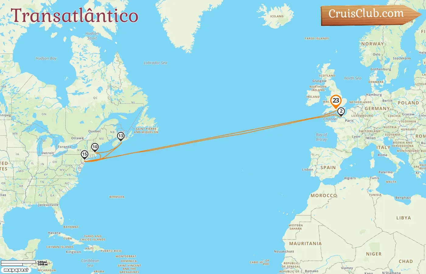 Cruzeiro Transatlântico a bordo do navio Queen Mary 2 com visitas à França, EUA e Canadá por 23 dias