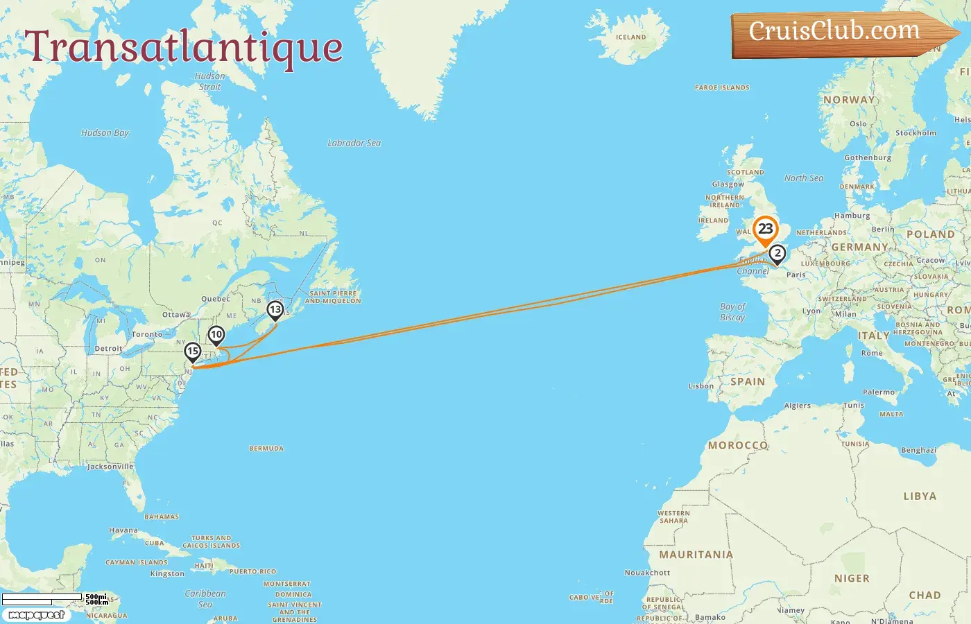 Croisière transatlantique au départ de Southampton à bord du Queen Mary 2 avec escales en France, aux États-Unis et au Canada pendant 23 jours