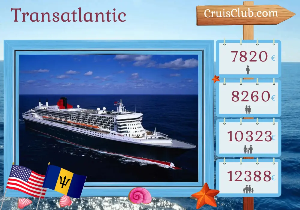 Cruise in the Transatlantic from Southampton aboard Queen Mary 2 ship with visits to USA and Barbados for 28 days