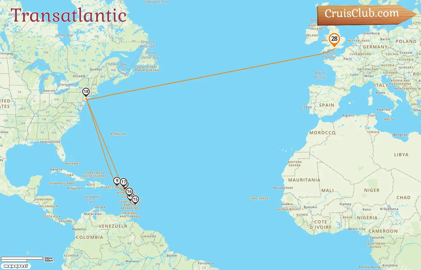 Cruise in the Transatlantic from Southampton aboard Queen Mary 2 ship with visits to USA and Barbados for 28 days