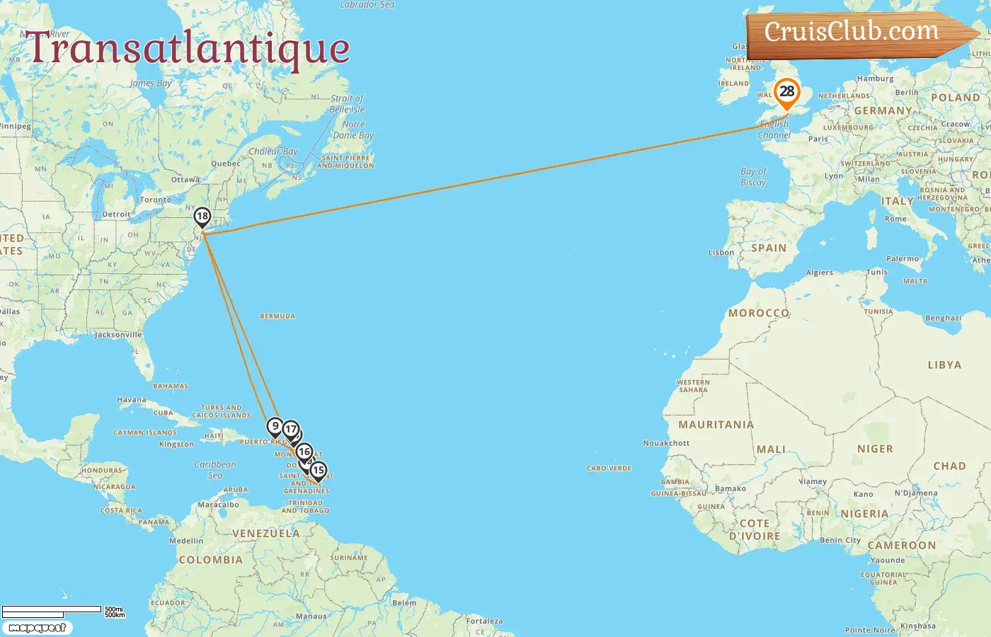 Croisière transatlantique à bord du Queen Mary 2 avec des escales aux États-Unis et à la Barbade pendant 28 jours