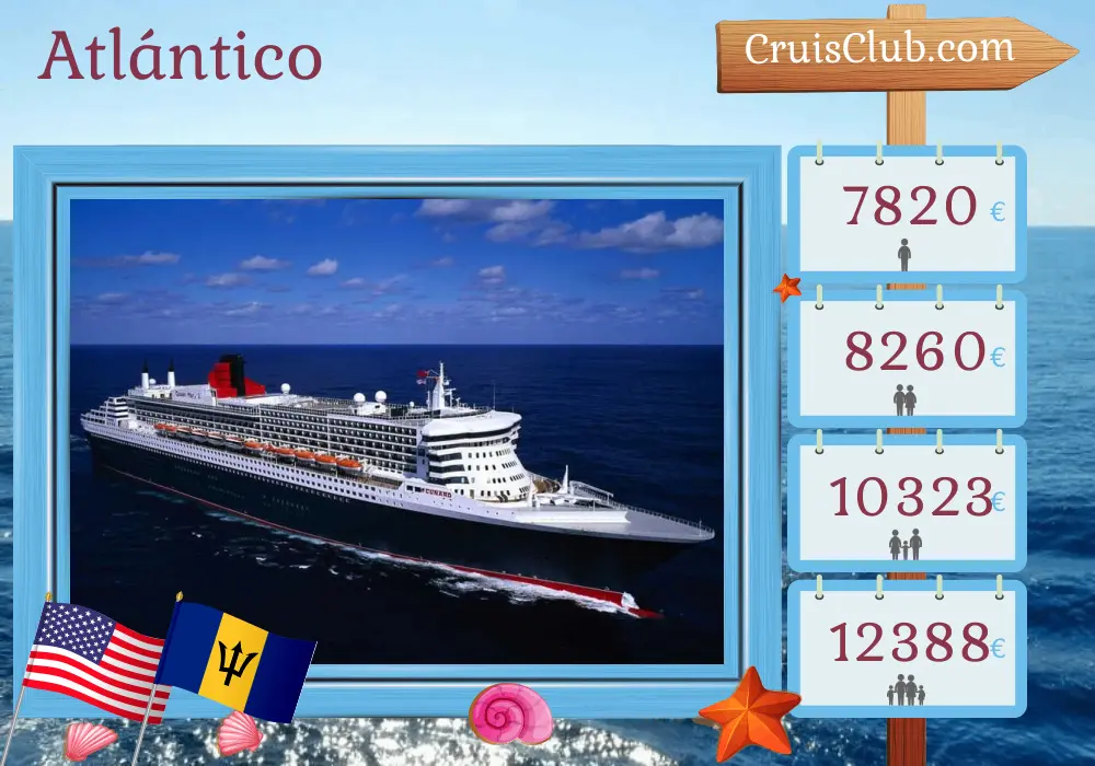 Crucero Transatlántico desde Southampton a bordo del barco Queen Mary 2 con escalas en EE. UU. y Barbados durante 28 días