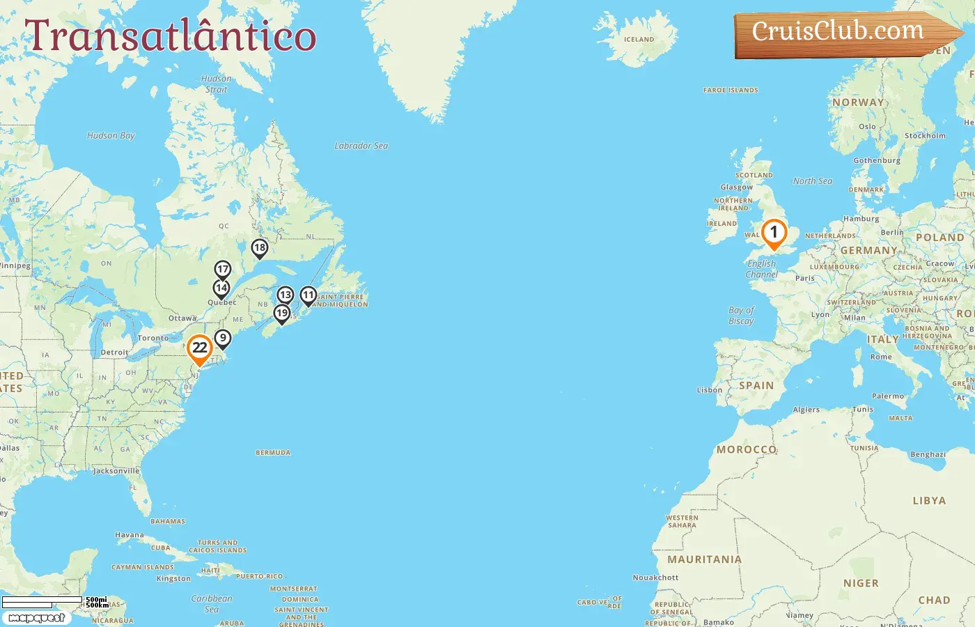 Cruzeiro transatlântico de Southampton a Nova Iorque a bordo do navio Queen Mary 2 com visitas aos EUA e Canadá por 22 dias