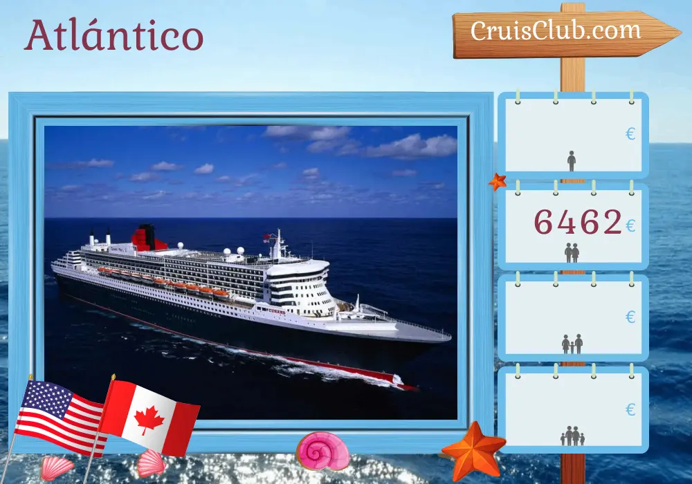 Crucero en el Transatlántico de Southampton a Nueva York a bordo del barco Queen Mary 2 con visitas a Estados Unidos y Canadá durante 22 días
