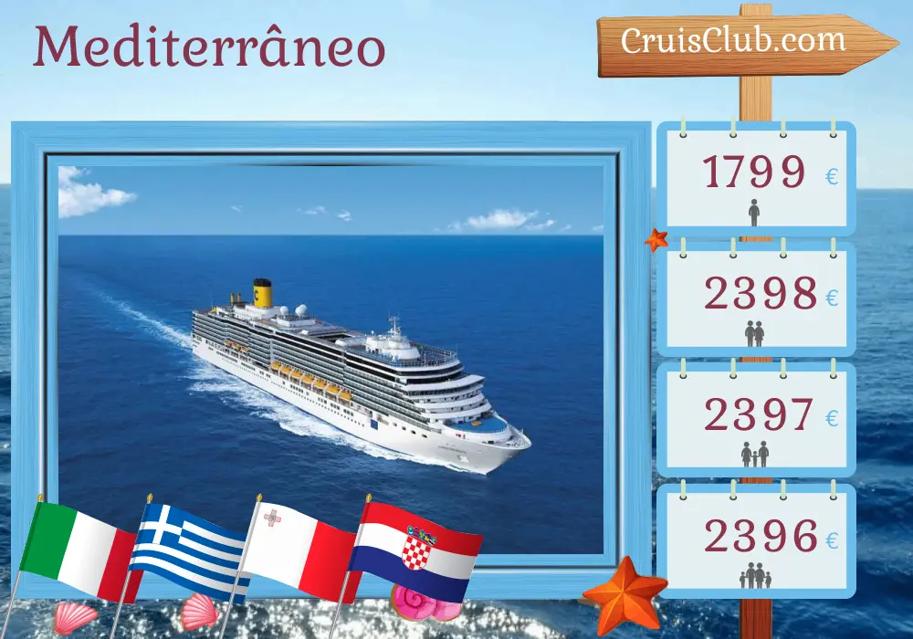 Cruzeiro no Mediterrâneo de Bari a bordo do navio Costa Deliziosa com visitas à Itália, Grécia, Malta e Croácia por 8 dias