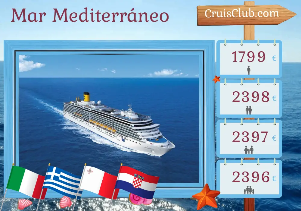 Crucero por el Mediterráneo desde Bari a bordo del barco Costa Deliziosa con visitas a Italia, Grecia, Malta y Croacia durante 8 días