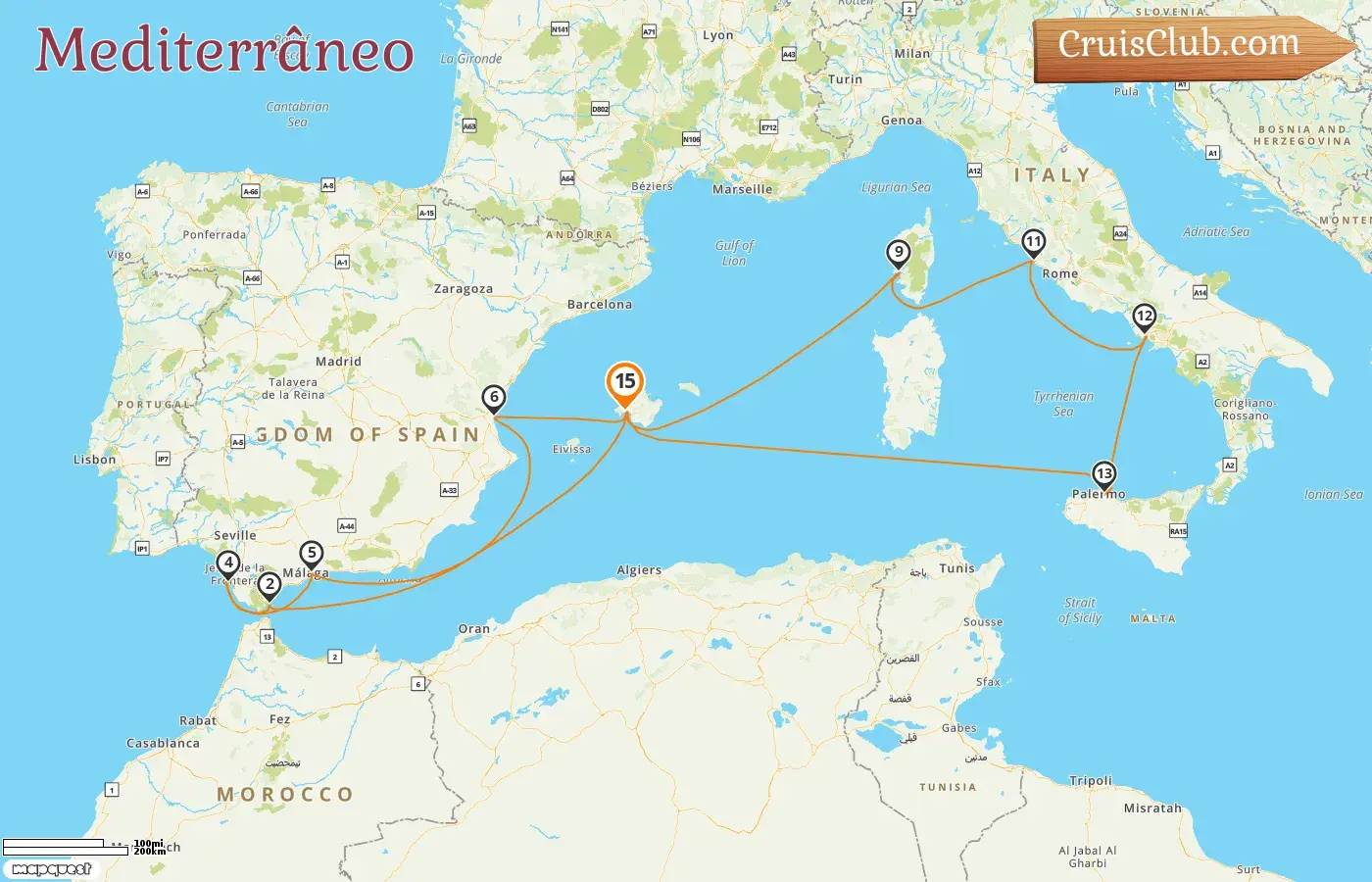 Cruzeiro no Mediterrâneo a partir de Palma a bordo do navio Mein Schiff 4 com visitas à Espanha, Gibraltar, França e Itália por 15 dias
