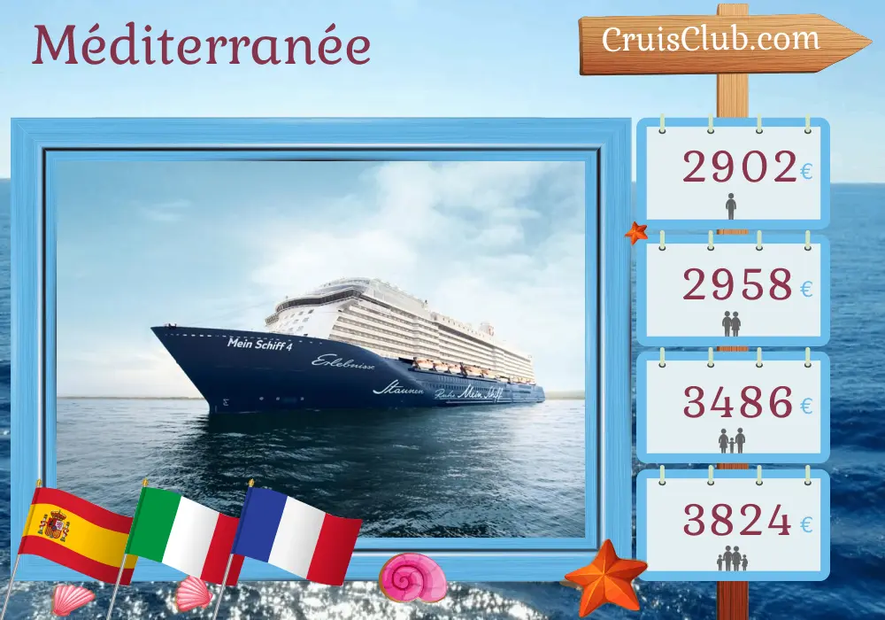 Croisière en Méditerranée au départ de Palma à bord du navire Mein Schiff 4 avec des visites en Espagne, en Italie, en France et au Maroc pendant 15 jours