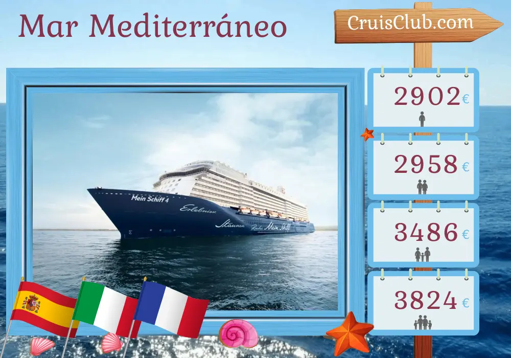 Crucero por el Mediterráneo desde Palma a bordo del barco Mein Schiff 4 con visitas a España, Italia, Francia y Marruecos durante 15 días