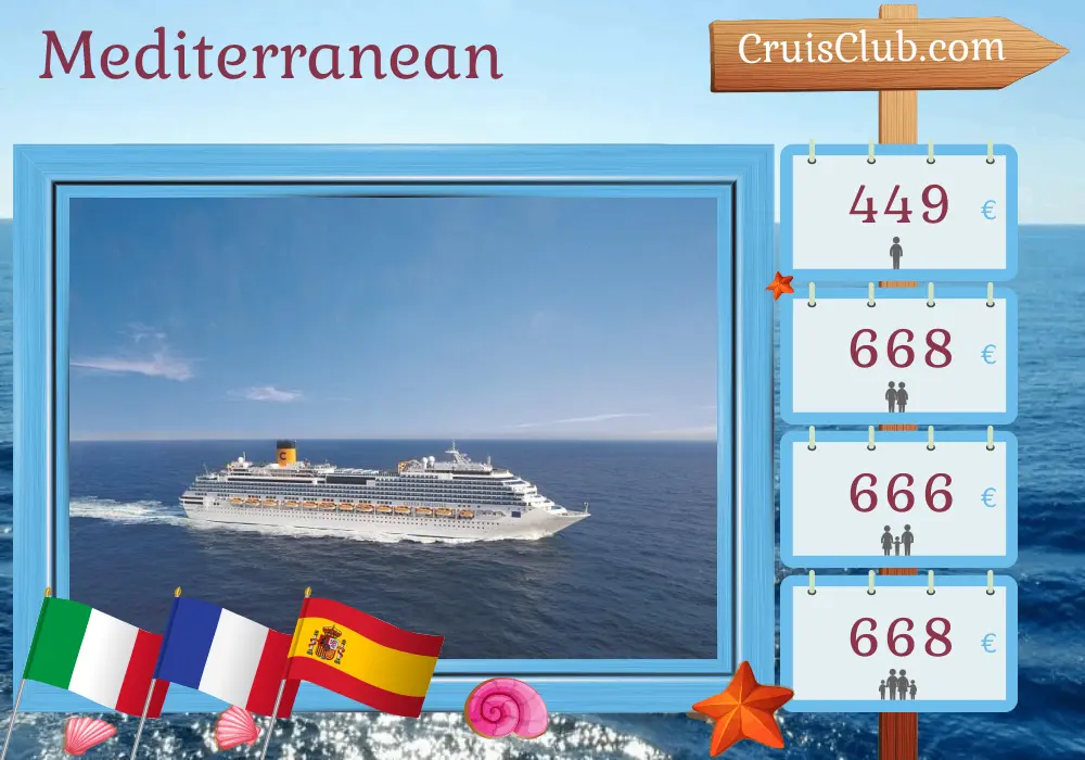 Cruise in the Mediterranean from Savona to Malaga aboard Costa Fascinosa ship with visits to Italy, France, and Spain for 4 days