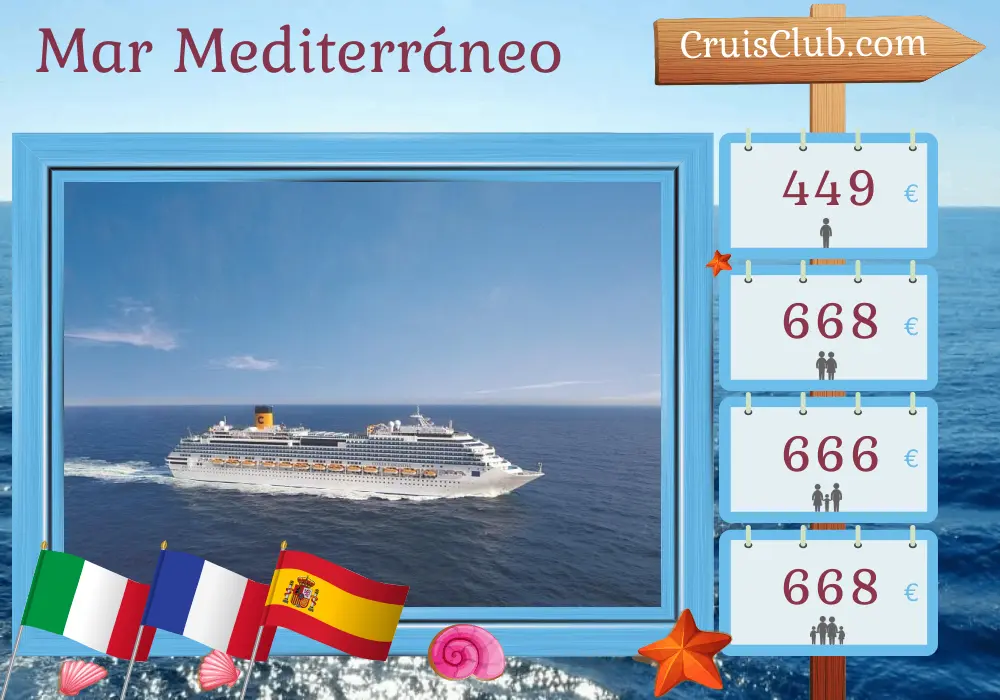 Crucero por el Mediterráneo de Savona a Málaga a bordo del barco Costa Fascinosa con visitas a Italia, Francia y España durante 4 días