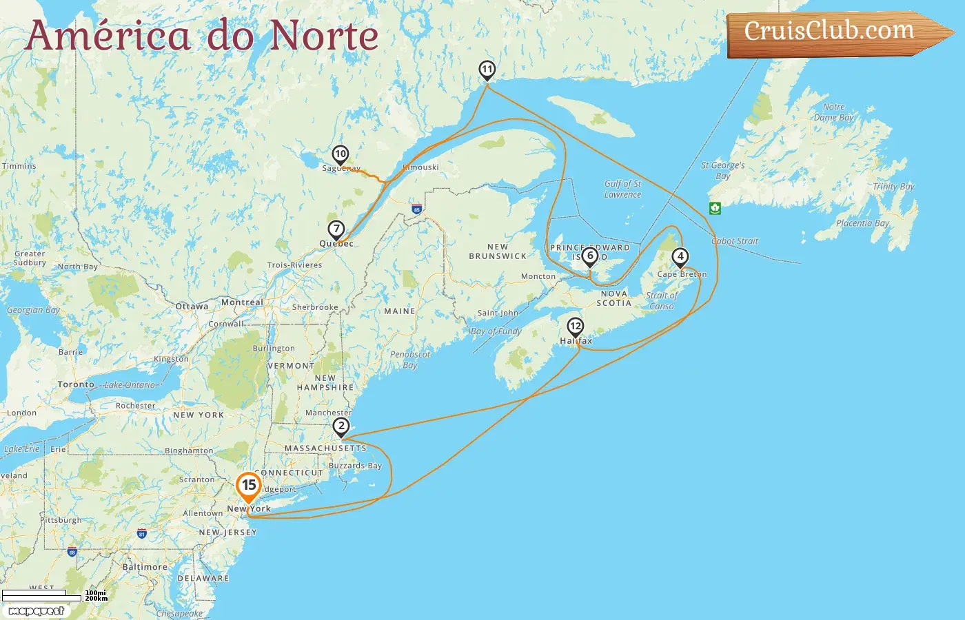 Cruzeiro em a América do Norte de Nova Iorque a bordo do navio Queen Mary 2 com visitas aos EUA e Canadá por 15 dias