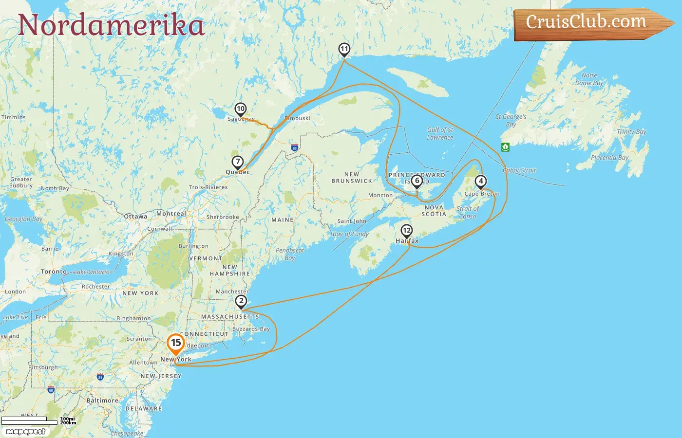 Kreuzfahrt in Nordamerika ab New York an Bord des Schiffes Queen Mary 2 mit Stopps in den USA und Kanada für 15 Tage