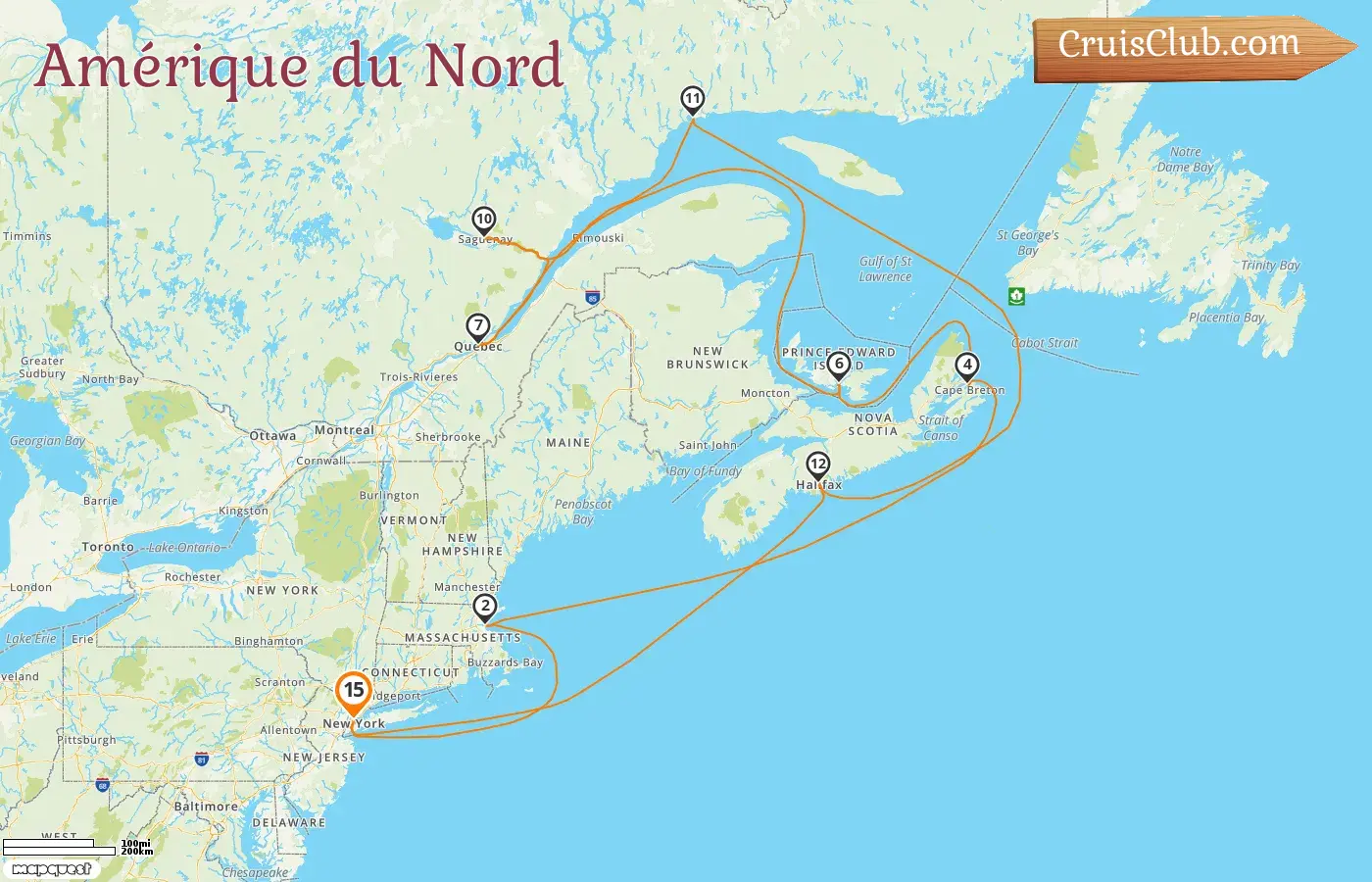 Croisière en Amérique du Nord au départ de New York à bord du navire Queen Mary 2 avec des visites aux États-Unis et au Canada pendant 15 jours