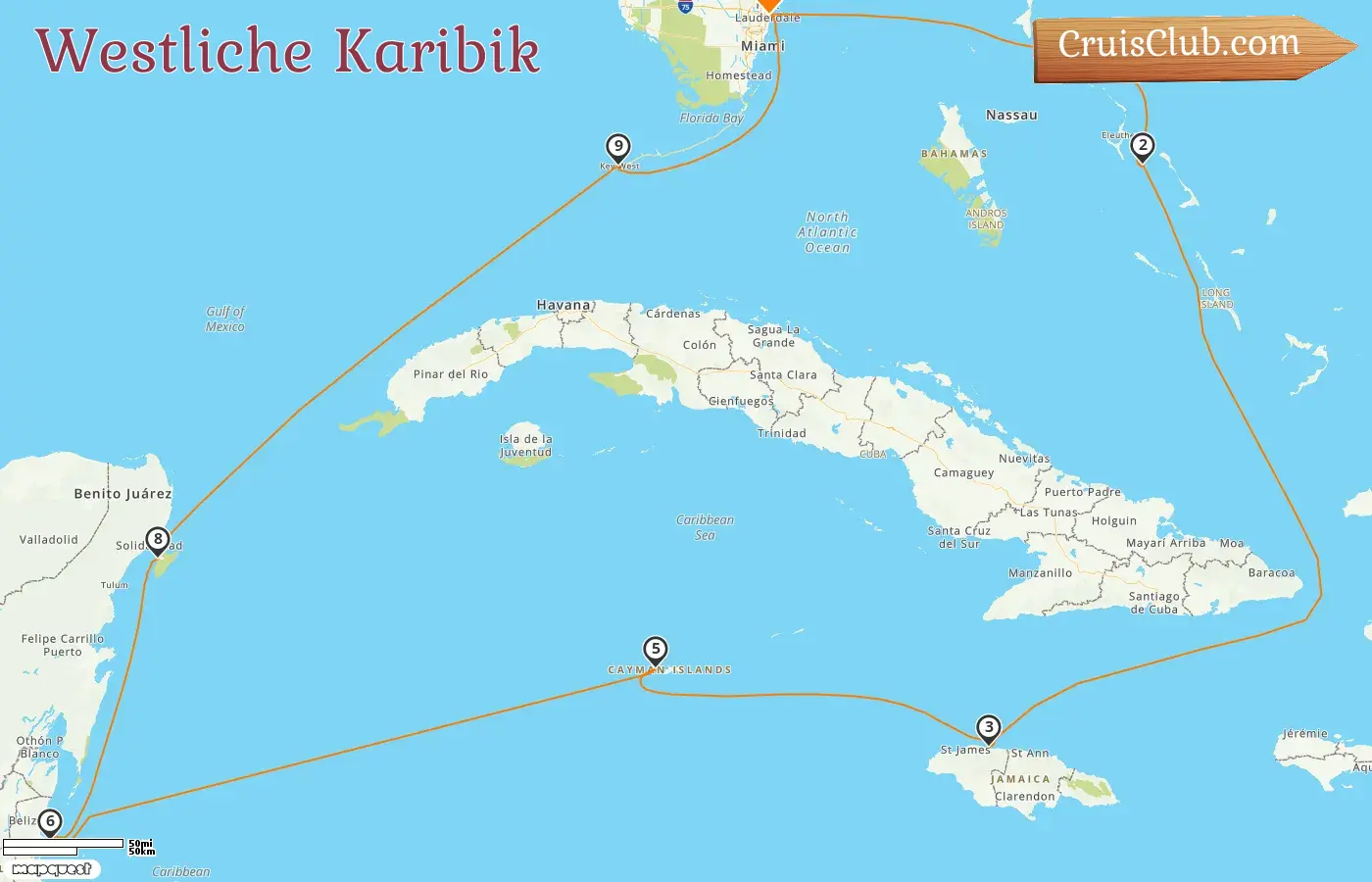 Kreuzfahrt in der westlichen Karibik ab Fort Lauderdale mit dem Schiff Rotterdam, Besuche in den USA, auf den Bahamas, in Jamaika, den Kaimaninseln, Belize und Mexiko für 11 Tage