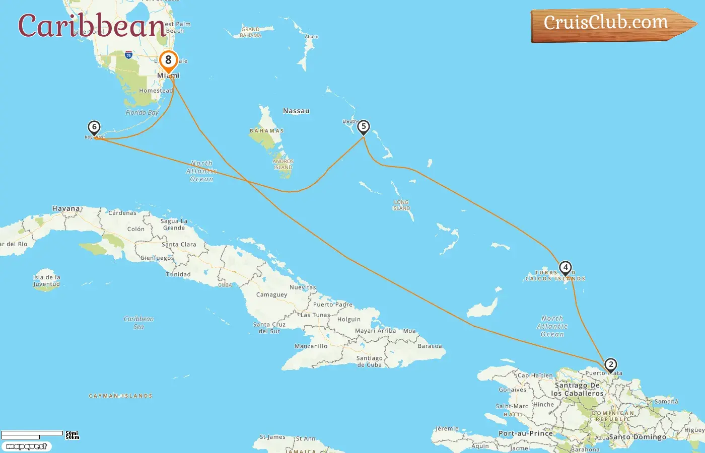 Cruise in the Caribbean from Miami aboard Zuiderdam ship with visits to USA, Dominican Republic, and Bahamas for 8 days