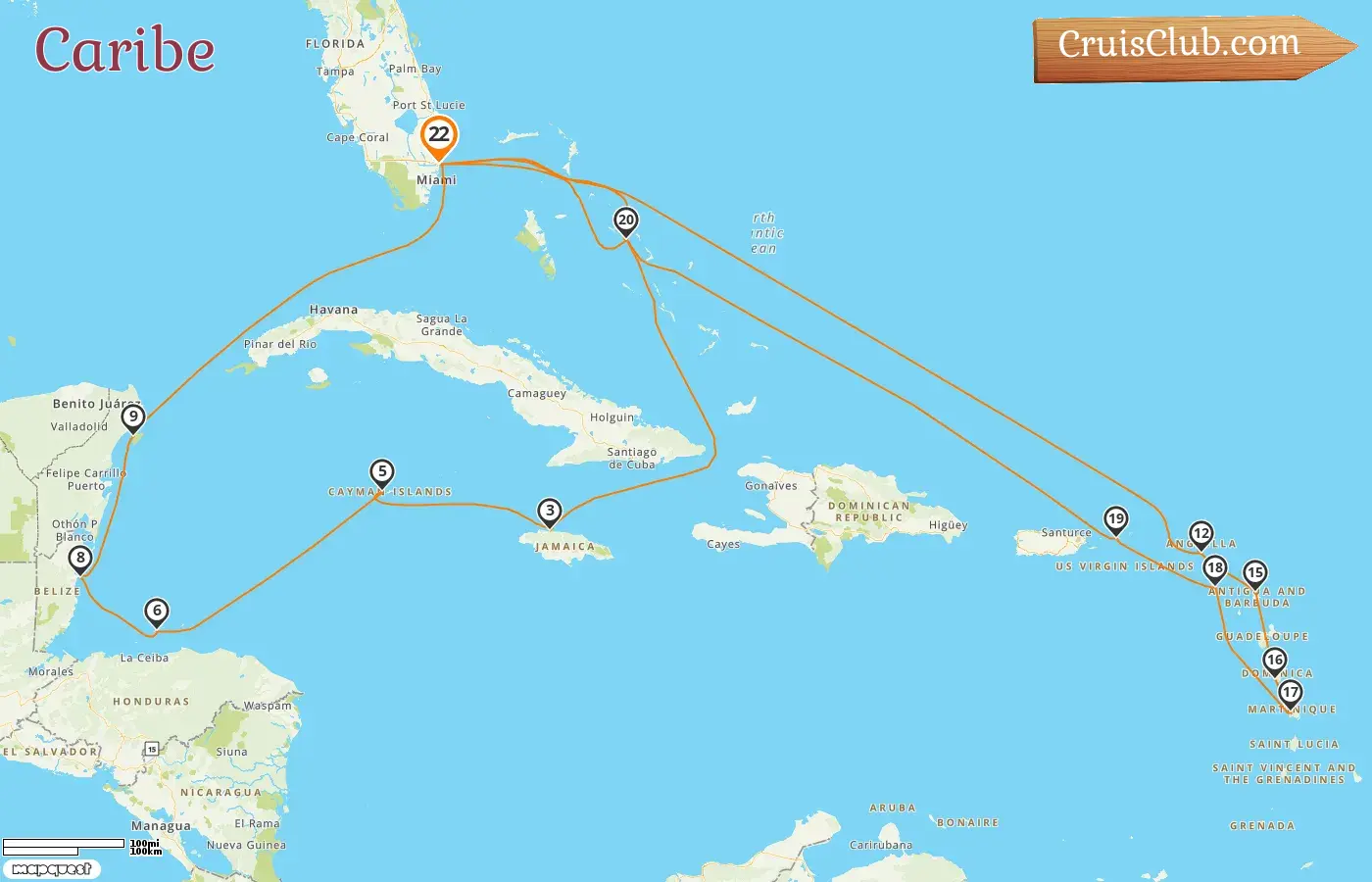 Cruzeiro no Caribe saindo de Fort Lauderdale a bordo do navio Rotterdam com visitas aos EUA, Bahamas, Jamaica, Ilhas Cayman, Honduras, Belize, México e Martinica por 22 dias