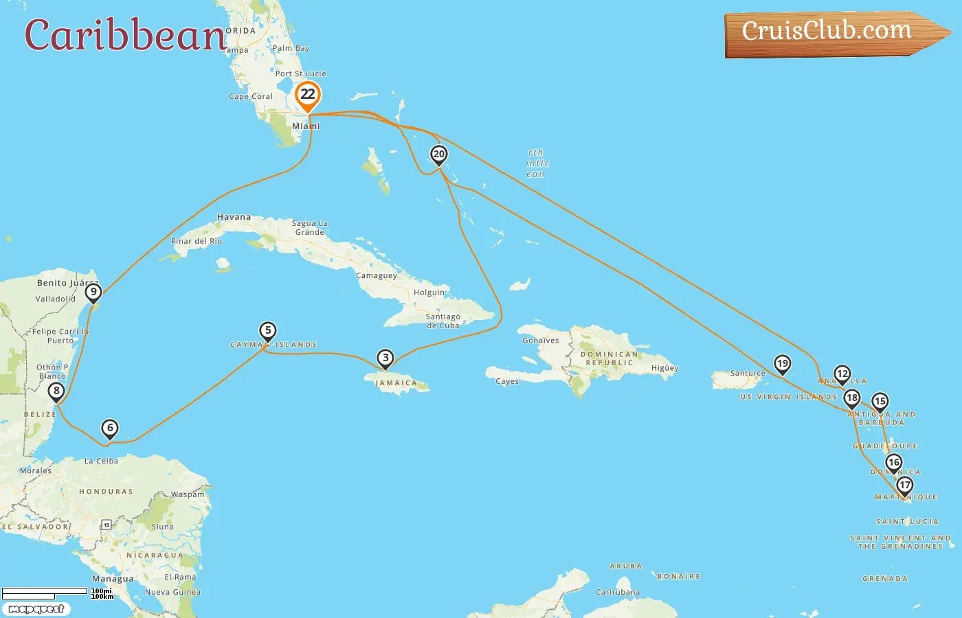 Cruise in the Caribbean from Fort Lauderdale aboard Rotterdam ship with visits to USA, Bahamas, Jamaica, Cayman Islands, Honduras, Belize, Mexico, and Martinique for 22 days