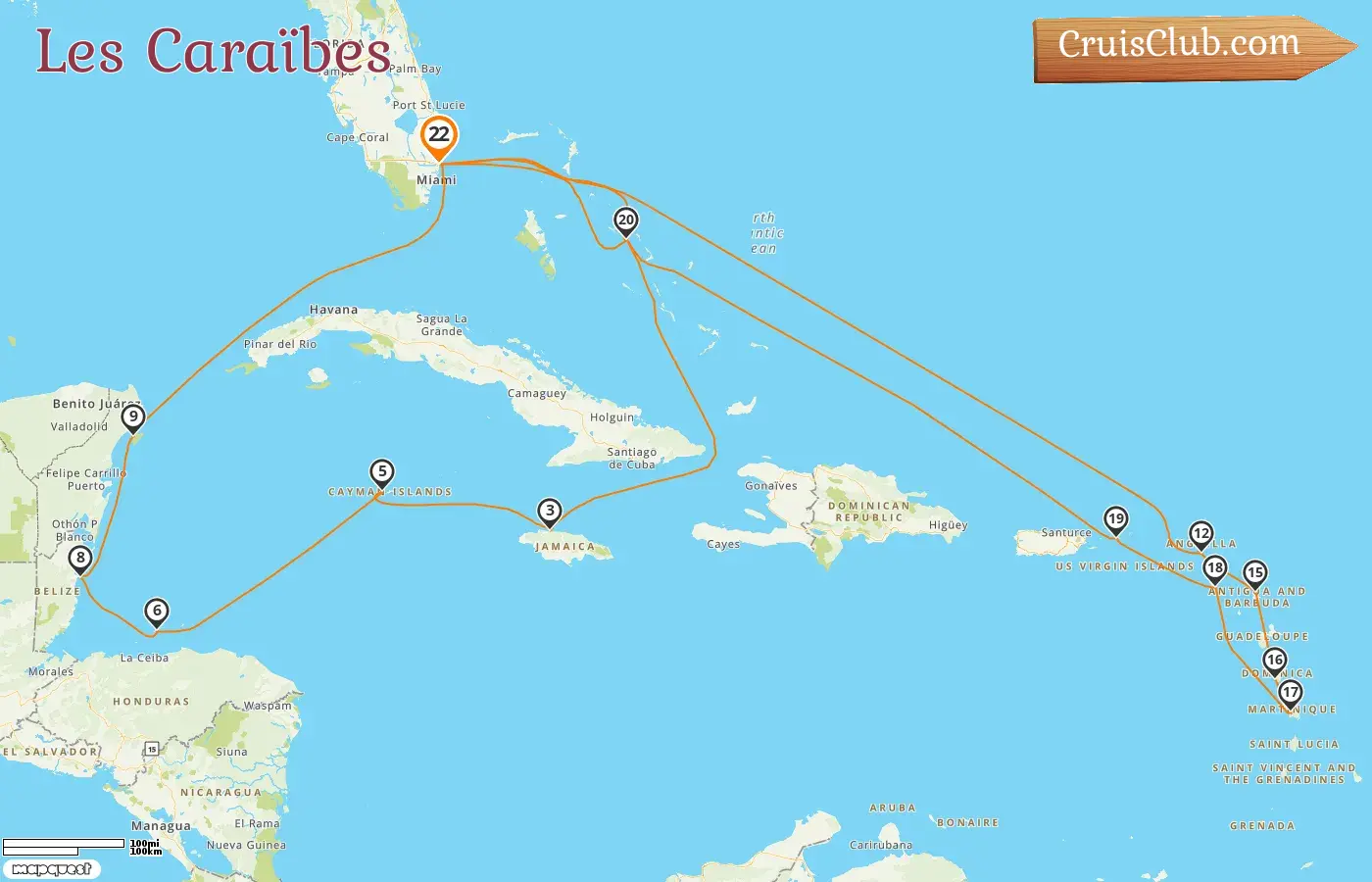 Croisière dans les Caraïbes depuis Fort Lauderdale à bord du navire Rotterdam avec des arrêts aux États-Unis, aux Bahamas, en Jamaïque, aux îles Caïmans, au Honduras, au Bélize, au Mexique et en Martinique pendant 22 jours