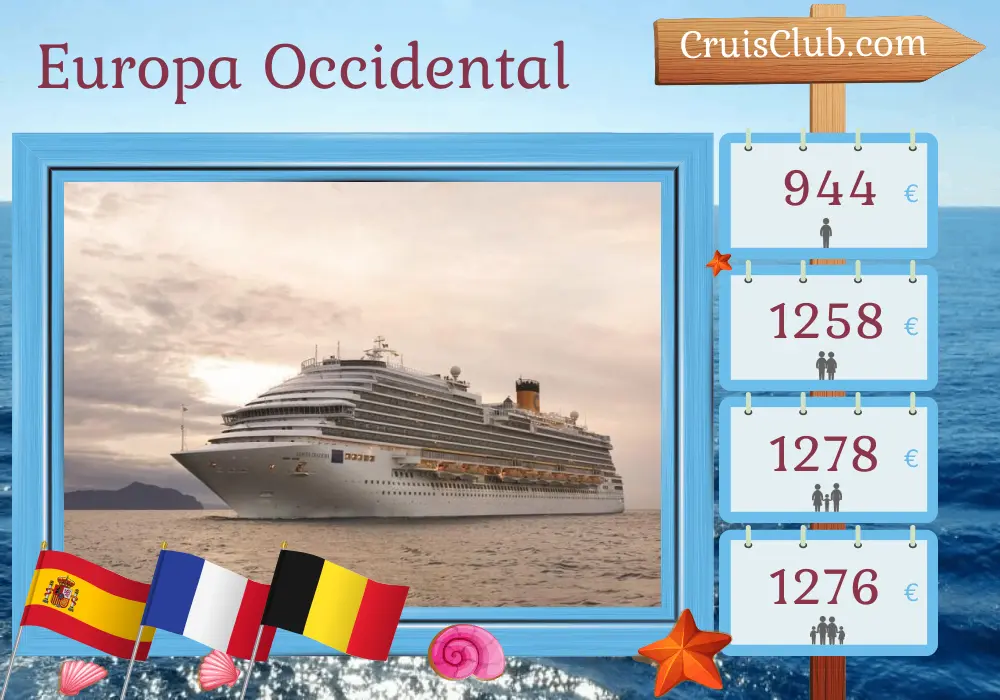 Crucero por Europa Occidental desde Lisboa a Kiel a bordo del barco Costa Diadema con visitas a España, Francia y Bélgica durante 10 días