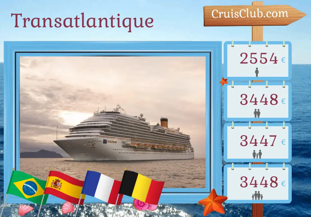 Croisière transatlantique de Maceió à Kiel à bord du navire Costa Diadema avec des escales au Brésil, en Espagne, au Maroc, en France et en Belgique pendant 22 jours